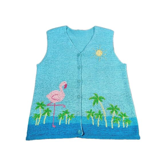 David Brooks Sweaters - David Brooks Womens Tropical Flamingo Sweater Vest Sz Medium Blue Coastal Resort